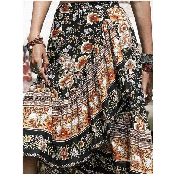 NEW! Boho Black Floral Paisley Ruffle Front Elastic Waist Maxi Skirt! - Picture 3 of 5